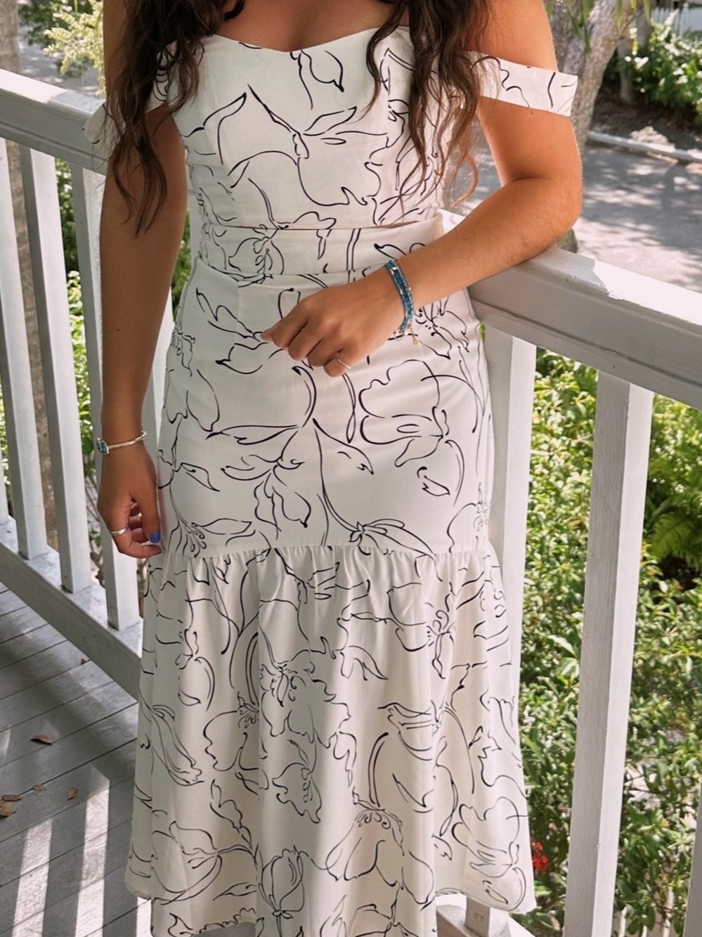 Petal & Pup White Midi Skirt & Top with Black Floral Line Print